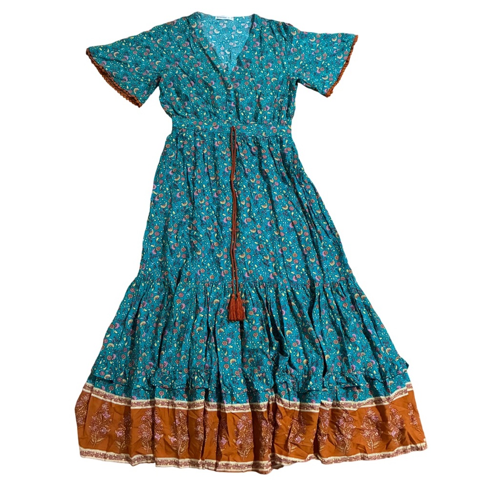 R. VIVIMOS BOHEMIAN FLORAL PRINT MAXI DRESS WOMEN’S SMALL BEACHY CASUAL RUFFLES - Picture 2 of 7
